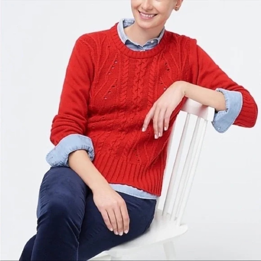 J. Crew Pointelle Cable Front Pullover Sweater Lambs Wool Red Size Medium